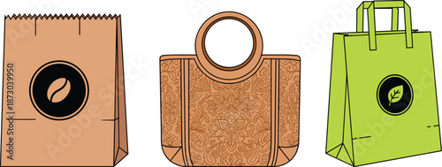 Brown paper bags with coffee bean and leaf and a green reusable bag coffee bag leaf coffee bean brown
