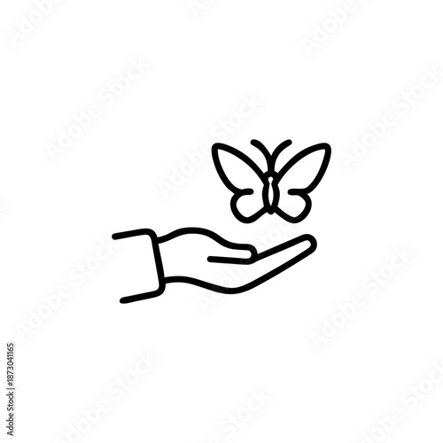 Outline pictogram of a hand releasing a butterfly freely On white Background Vector illustration
