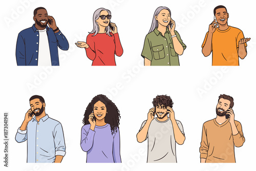 Modern group staying connected by making voice calls on their mobile devices.