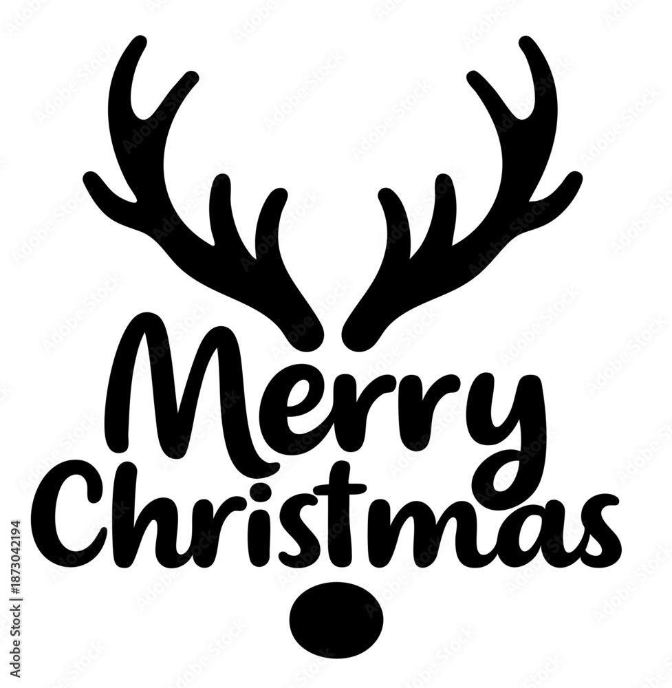Obraz premium Merry Christmas Lettering with Reindeer Antlers Silhouette