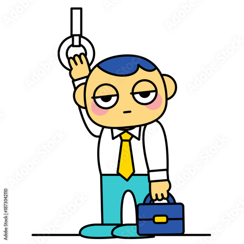 つり革につかまって立つ疲れた会社員の男性のイラスト
