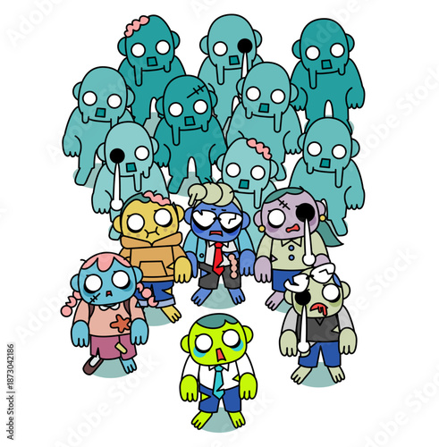 メンタル崩壊が連鎖し人々がゾンビ化していく社会の比喩イラスト