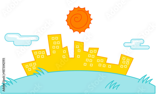 街並みと太陽をシンプルに描いたポップな背景のイラスト