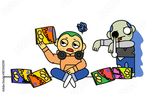 現実逃避でお菓子に依存する人物とゾンビを対比した心理状態のイラスト
