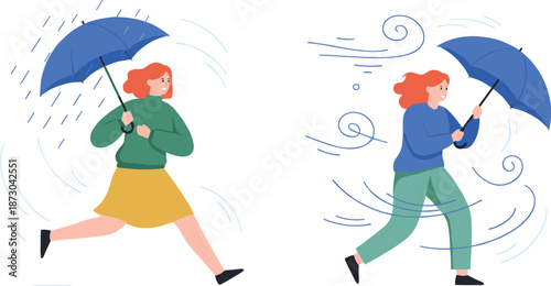 Running women battling strong wind and rain with umbrellas, dynamic bad-weather illustration showing motion, stormy conditions, adversity, and outdoor resilience