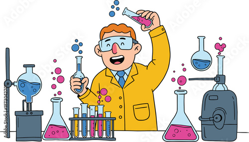 Scientist, lab, experiment, flask, liquid, goggles, safety, coat, chemistry, research, cartoon, illustration, table, glassware, reaction, blue, pink, distillation, test, tubes, discovery, science