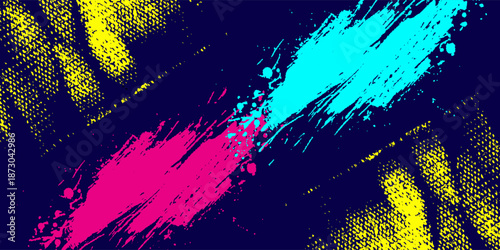 Bold Sport Background with Neon Pink, Blue and Yellow Colors Brush Strokes in a Graffiti Style. Vibrant Sporty Abstract Background with Grunge Texture Design Elements