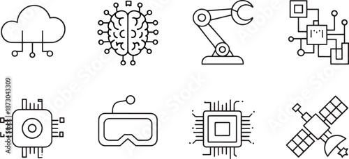A set of eight futuristic technology outline icons features elements related to artificial intelligence, robotics, and space communication systems.