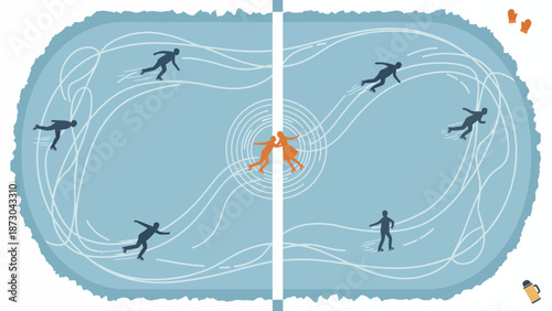 Ice Skating Rink with Figures Skating and Hockey Players.