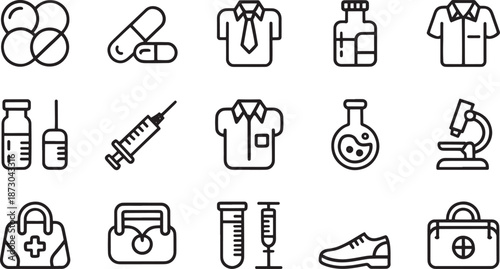 Various medical and healthcare related outline icons depict pharmaceuticals, medical instruments, first aid supplies, and apparel on a plain background.
