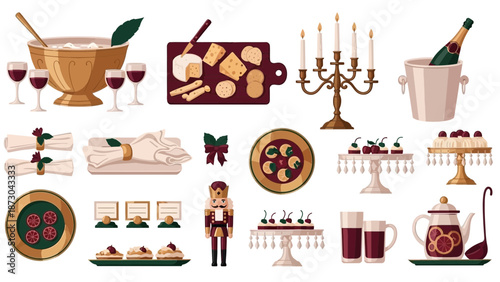 Collection of Festive Holiday Food and Drink Items.