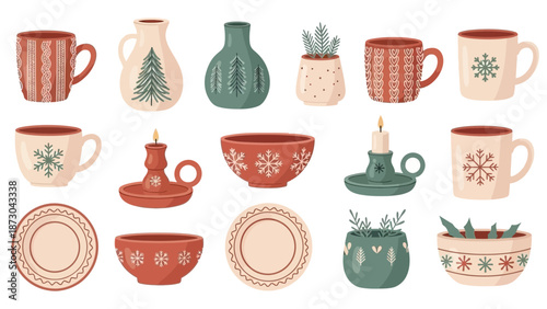 Collection of Festive Ceramic Mugs Vases Bowls and Plates.