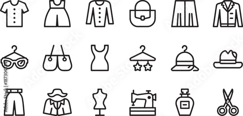 Assortment of fashion and apparel related line icons includes clothing items, accessories, and tailoring tools arranged in three horizontal rows.