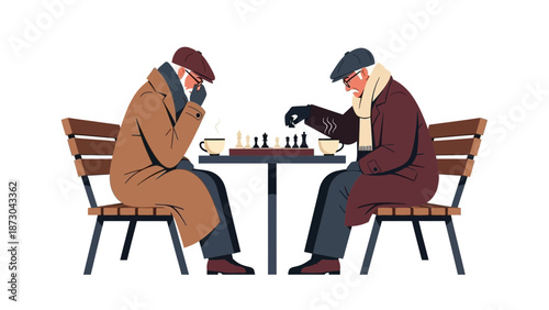 Two elderly men playing chess outdoors on a park bench 1.