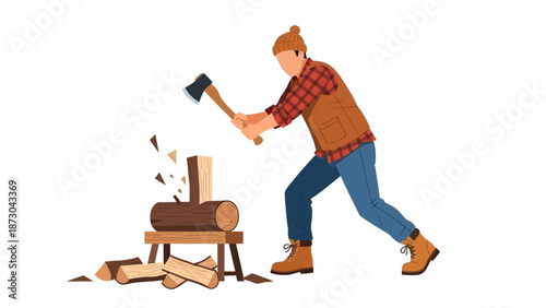 Lumberjack Chopping Wood with Axe on Chopping Block.