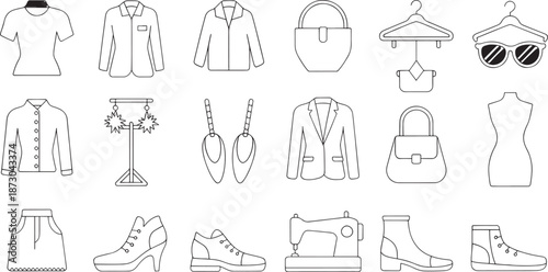 A comprehensive grid of black outline icons displays diverse clothing types, outerwear, footwear, and tailoring tools on a clean white background.