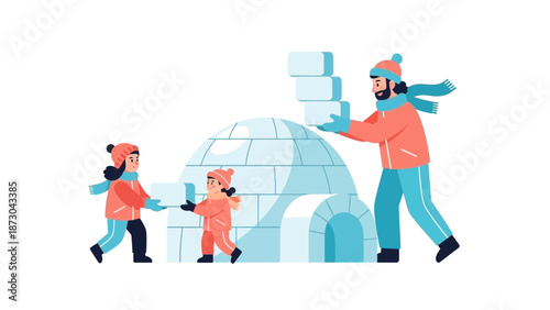 Family Building an Igloo Together in Winter.