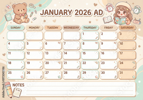 vector illustration of a calendar for January 2026