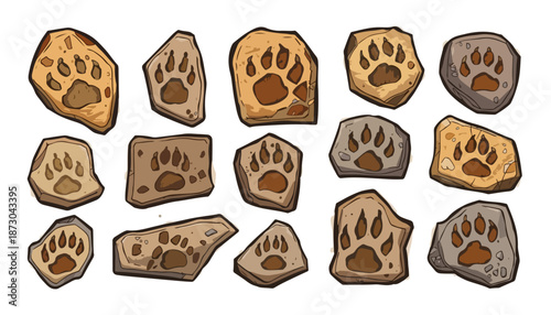 Set of vector illustration of ancient foot fossils