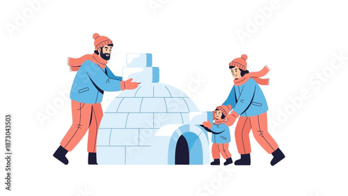 Family Building an Igloo Together in Winter 1.