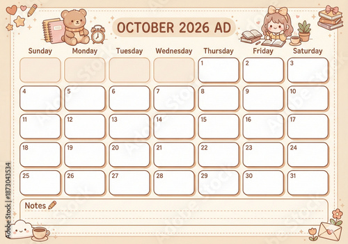 vector illustration of a calendar for October 2026
