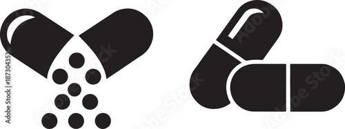 Two dark silhouette icons depict pharmaceutical capsules, one opened with small circular contents scattering downwards next to a pair of whole pills.