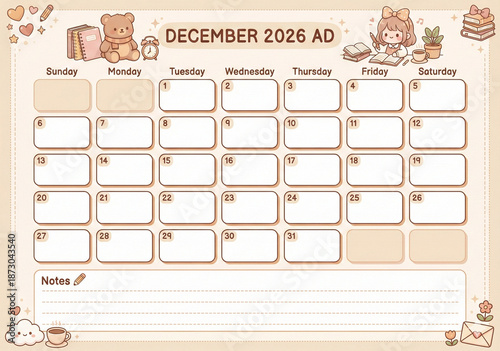 vector illustration of a calendar for December 2026