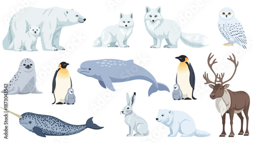 Collection of Arctic and Antarctic Animals in Realistic Style.