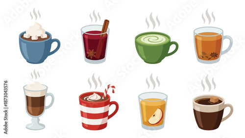 Collection of various steaming hot beverages in different mugs and glasses perfect for a cozy drink.
