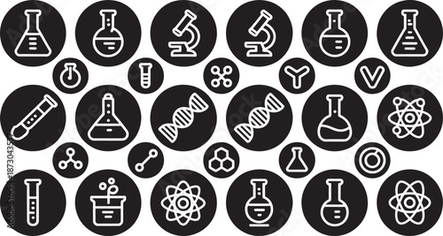A seamless black and white pattern features various white line icons representing laboratory equipment, DNA strands, and atomic structures against a dark background.