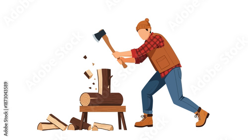 Lumberjack Chopping Wood with Axe.