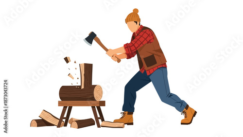 Lumberjack chopping wood with an axe.