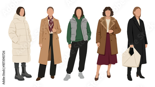 Diverse group of women showcasing various winter coat styles and fashion trends.