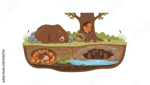 Crosssection of forest ground with various animals and their underground burrows.