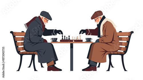 Two senior men playing chess outdoors on a park bench enjoying a strategic game.