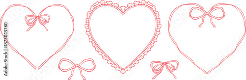 Vintage hand drawn heart ribbon illustration set, engraving sketch decorative frames and bows for Valentine's day and wedding design