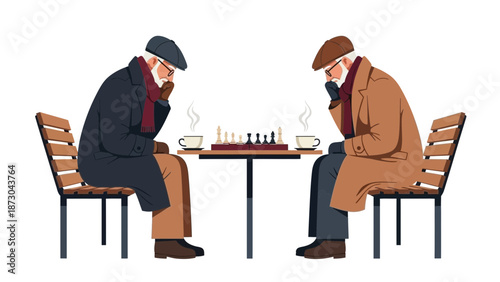 Two senior men playing chess outdoors deep in thought and strategy.