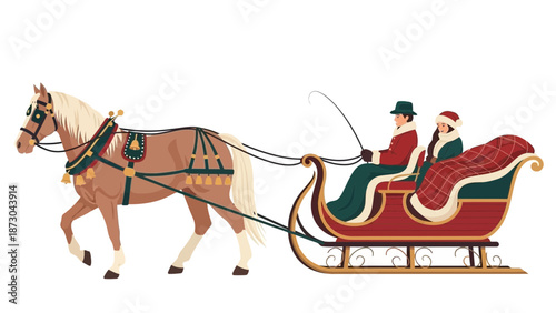 Horsedrawn sleigh with two people in winter attire ready for a festive ride.