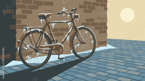 Old bicycle covered in ice and snow leaning against a brick wall on a cold winter day.