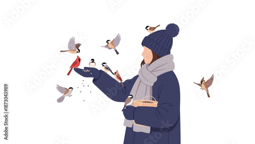 Woman feeding birds in winter a heartwarming scene of nature interaction.
