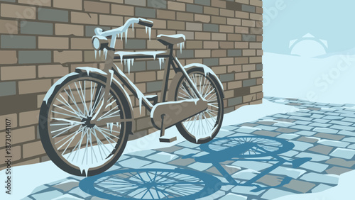 Bicycle covered in ice leaning against a brick wall in winter.