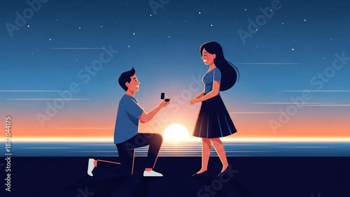 Man Proposing to Woman on One Knee at Sunset on Beach