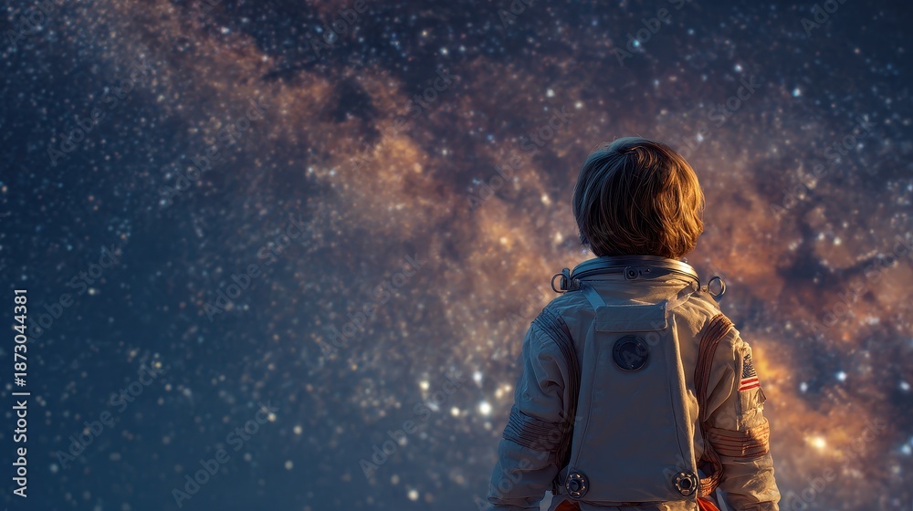 Naklejka premium Back view of a kid in an astronaut costume looking at the stars, space career aspirations. 