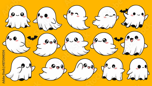 Cute Kawaii Halloween Ghost Vector Set. Adorable Cartoon Sheet Ghosts Collection with Different Funny Expressions on Orange Background.