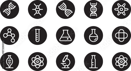 Collection of fifteen circular monochrome icons representing various scientific concepts including DNA strands, molecules, test tubes, and laboratory glassware.
