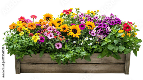 Vibrant flower box with sunflowers and daisies on transparent background