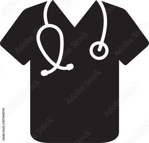 Medical scrubs shirt icon featuring a stethoscope draped over the collar in a solid black silhouette design for healthcare professionals.