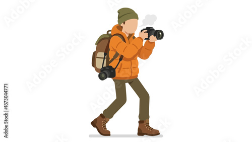 Professional photographer capturing moments with camera and backpack.