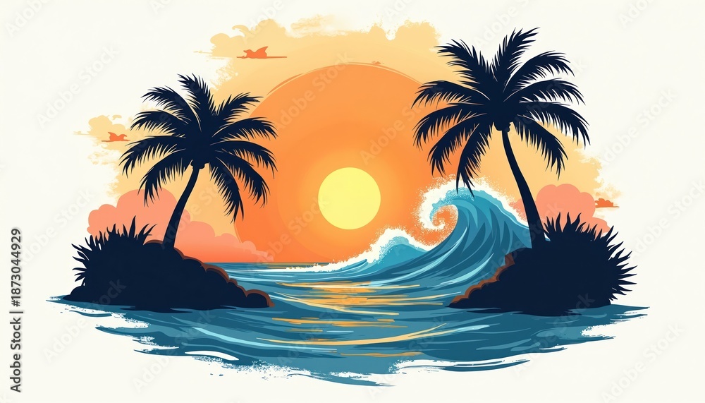 Obraz premium Palm trees on islands flank ocean waves crashing near shore. Sun sets creating orange glow over blue water. Tropical beach scene illustrates summer vacation vibes.
