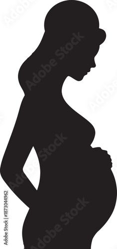 Side view silhouette depicts a pregnant woman cradling her large abdomen with both hands, symbolizing maternity and anticipation.